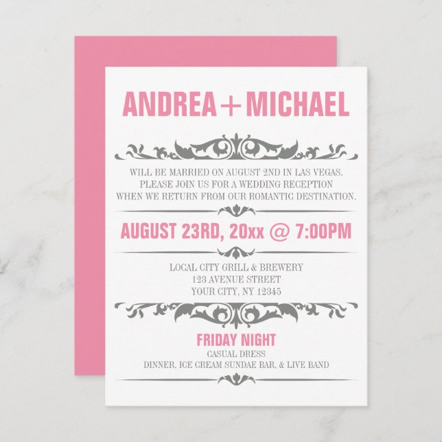 Pink & Grey Wedding Reception ONLY Invitations (Front/Back)