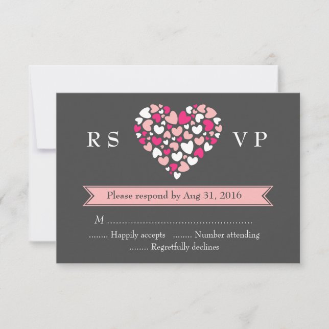 Pink Grey Wedding RSVP Card with Love and Heart (Front)