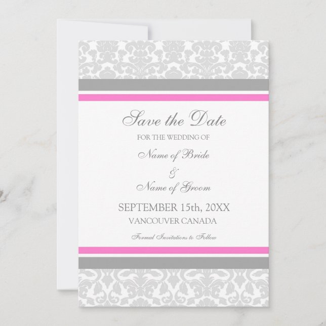 Pink Grey Wedding Save the Date Card (Front)