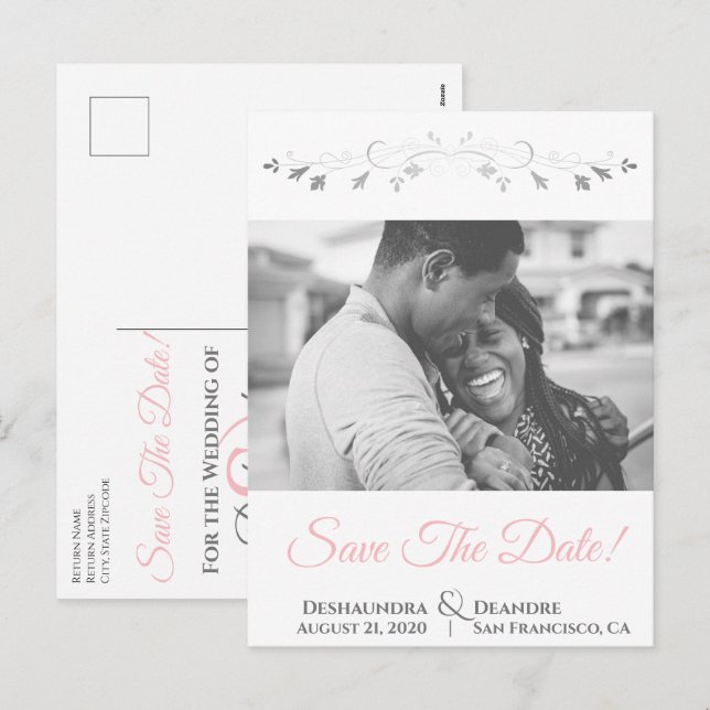 Pink & Grey Wedding Save the Date Postcard (Front/Back)