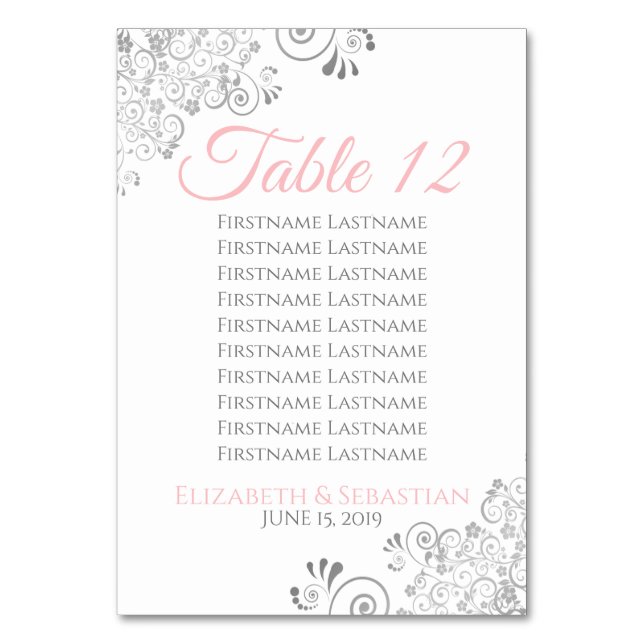 Pink & Grey Wedding Table Number w/ Seating Chart (Back)