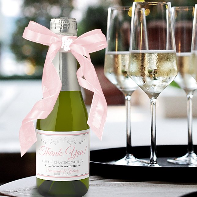 Pink & Grey Wedding Thank You Mini Bottle Sparkling Wine Label (Creator Uploaded)