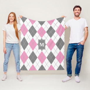 pink grey white argyle plaid monogrammed fleece blanket