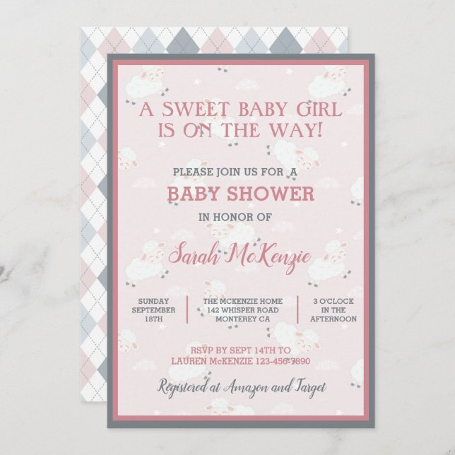 Pink Grey White Baby Lambs Leaping Baby Shower Invitation (Front/Back)