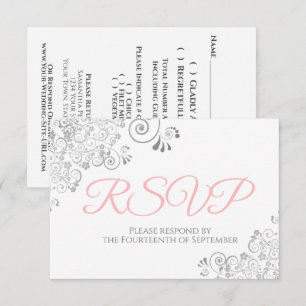 Pink Grey & White Elegant Silver Lace Wedding RSVP Card