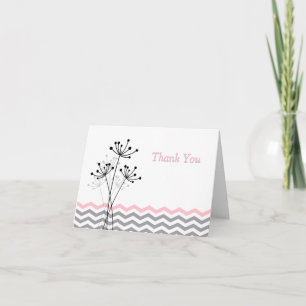 Pink, Grey, White Floral, Chevron Thank You Card