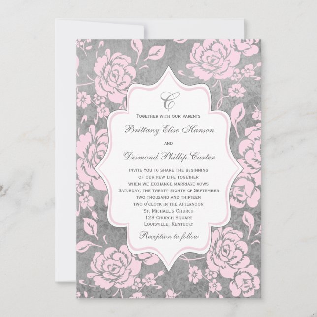 Pink Grey White Floral Damask Wedding Invitation (Front)