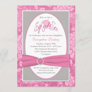 Pink Grey White Floral Sip and See Invitation
