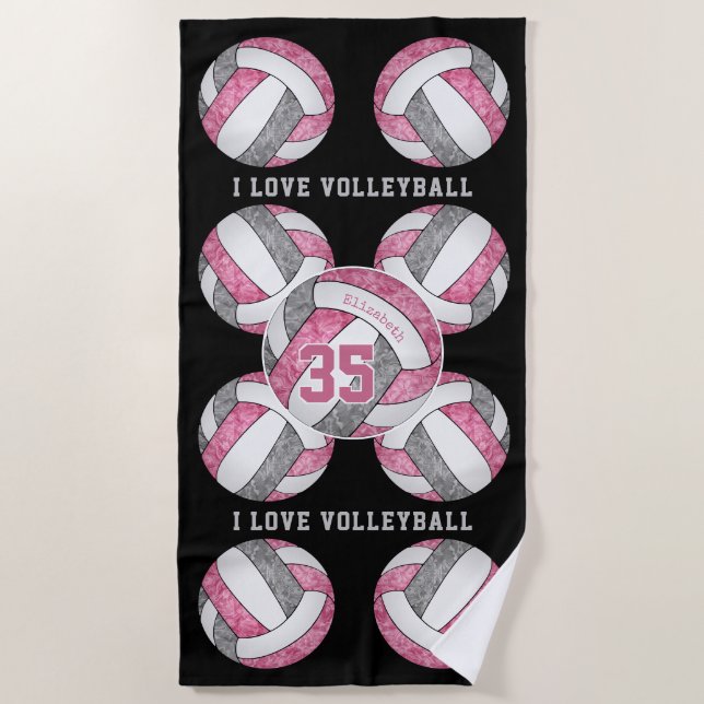 pink grey white girls love volleyball personalised beach towel (Front)