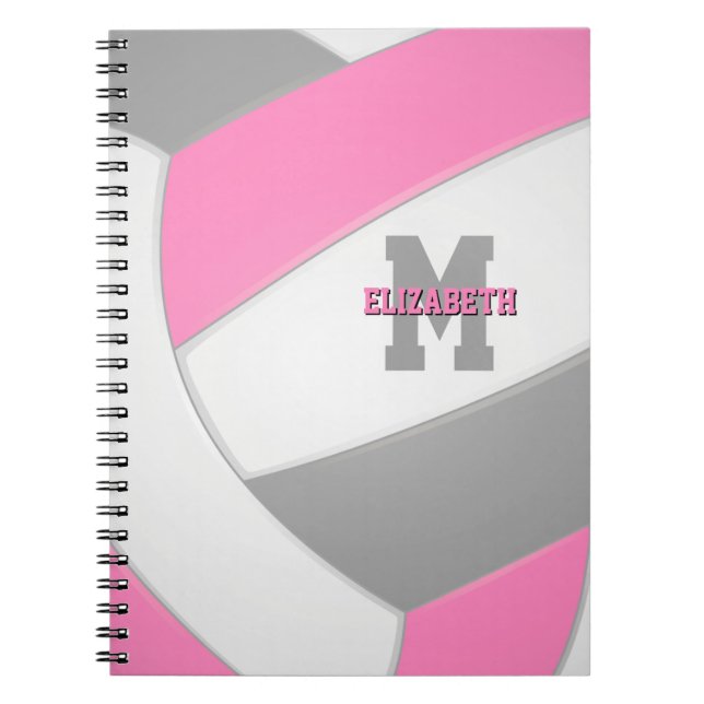 pink grey white personalised girly volleyball notebook (Front)