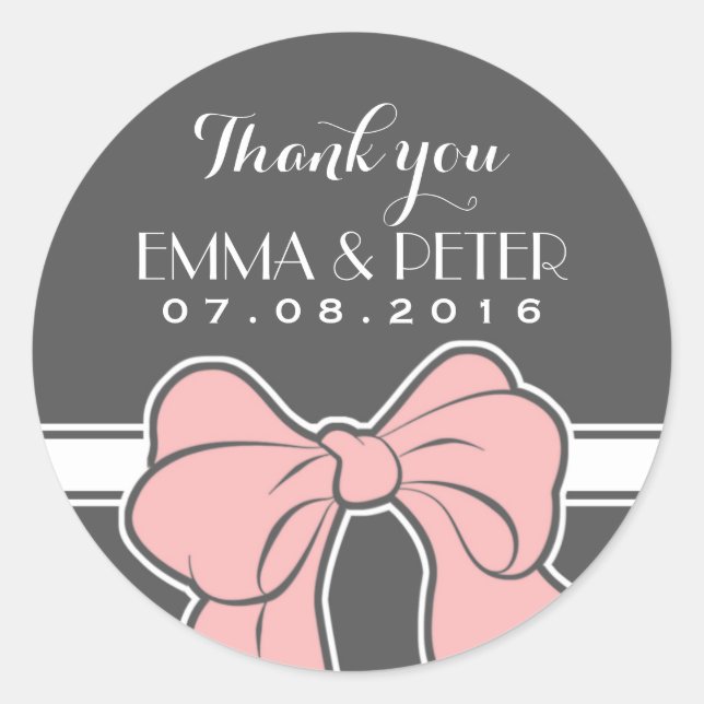 Pink Grey White Ribbon Bow Wedding Favour Sticker (Front)