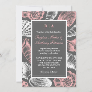 Pink Grey White Seashells Beach Wedding Invitation