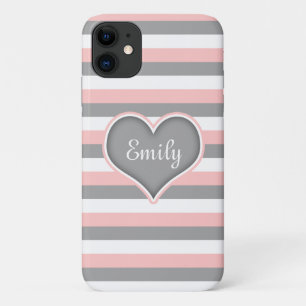Pink Grey White Stripes & Heart iPhone 11 Case