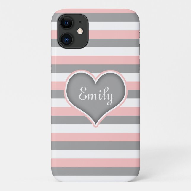 Pink Grey White Stripes & Heart Case-Mate iPhone Case (Back)
