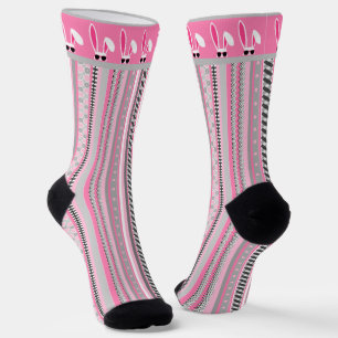 Pink, Grey & White Stripes with White Easter Bunny Socks