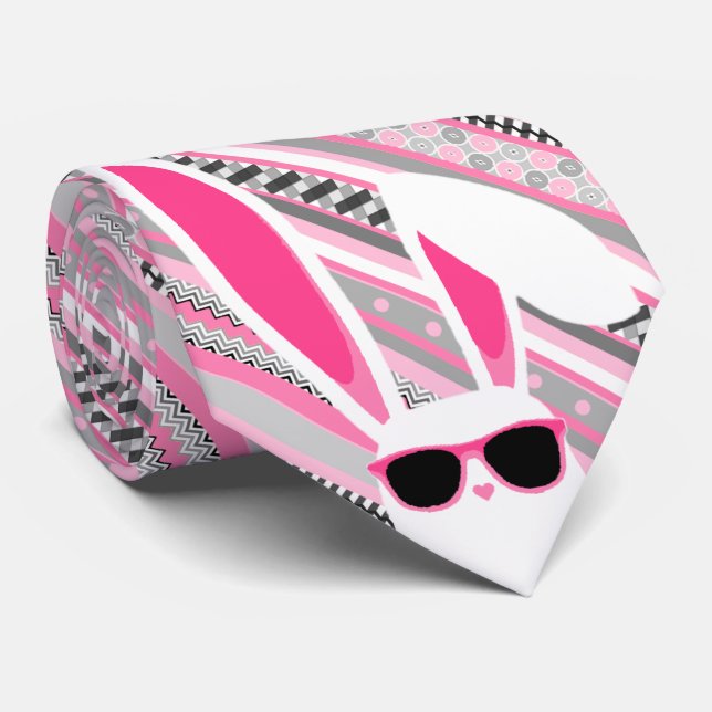 Pink, Grey & White Stripes with White Easter Bunny Tie (Rolled)