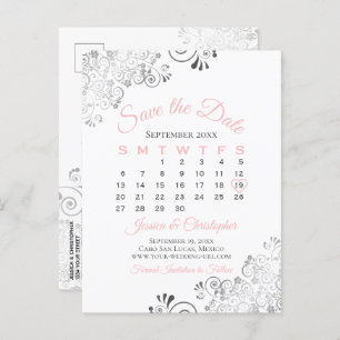 Pink, Grey & White Wedding Save the Date Calendar Announcement Postcard