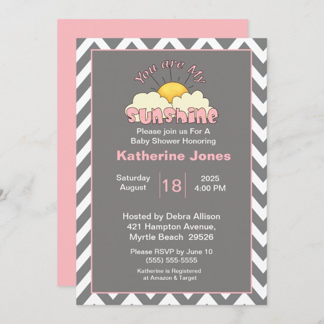 Pink Grey  You Are My Sunshine Baby Shower Invitation (Front/Back)