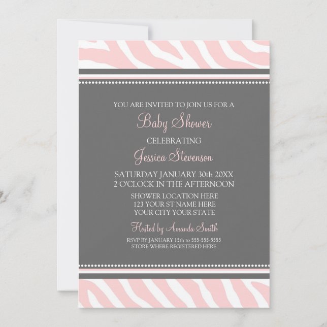 Pink Grey Zebra Custom Baby Shower Invitations (Back)