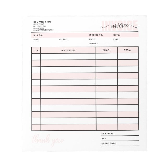 Pink Grid Business Invoice Order Sales Receipt Notepad (Front)