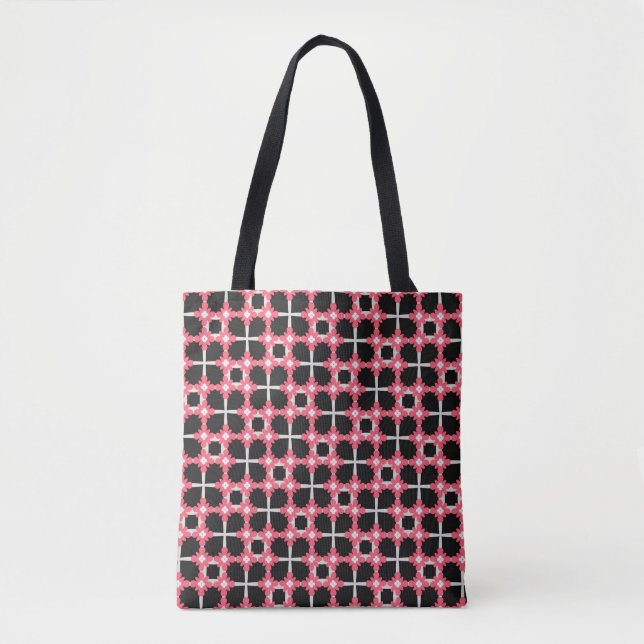 Pink Grid Flower Retro Pattern Tote Bag (Front)