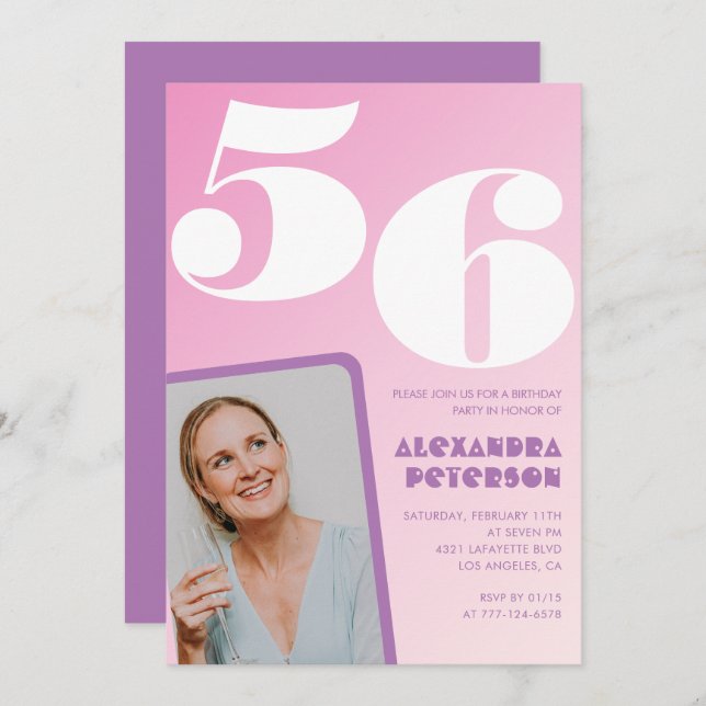 Pink Groovy 56th birthday invitations Retro Photo (Front/Back)