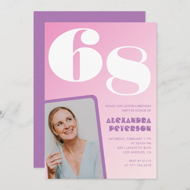 Pink Groovy 68th birthday invitations Retro Photo (Front/Back)