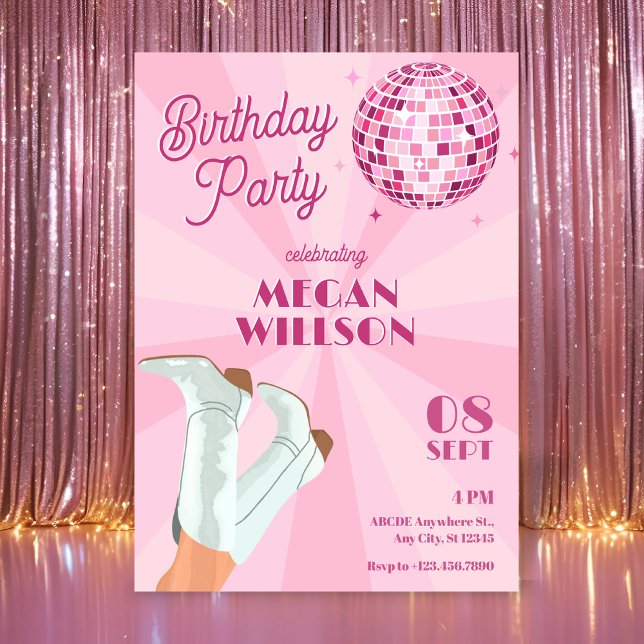 Pink groovy boots disco ball birthday invitation (Creator Uploaded)