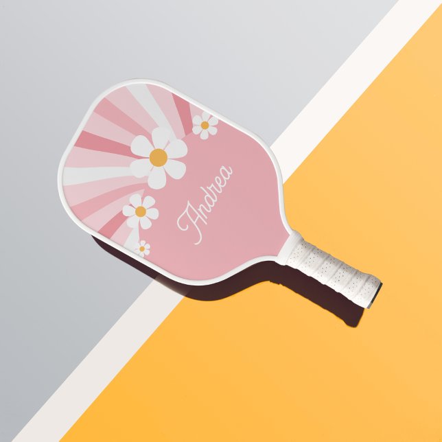 Pink Groovy Daisy Retro 70s Add Custom Name Girly  Pickleball Paddle (Creator Uploaded)