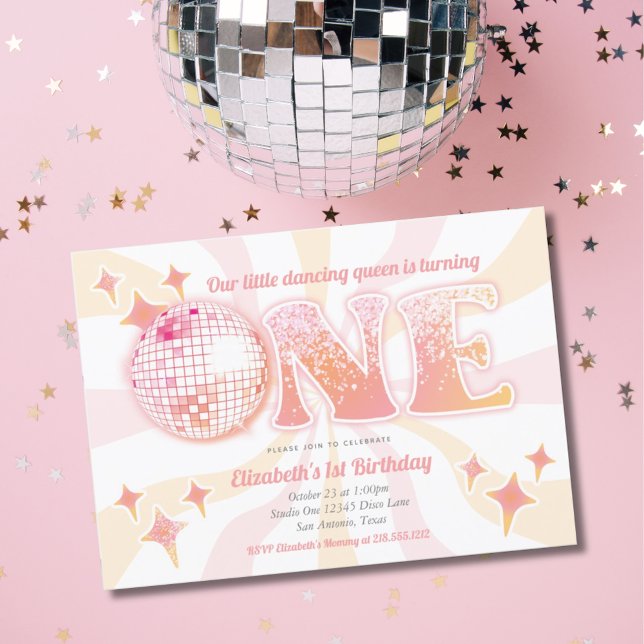 Pink Groovy Disco Dancing Queen First Birthday Invitation (Creator Uploaded)