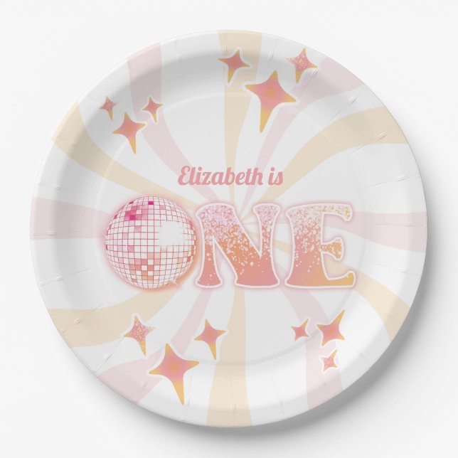Pink Groovy Disco Dancing Queen First Birthday Paper Plate (Front)