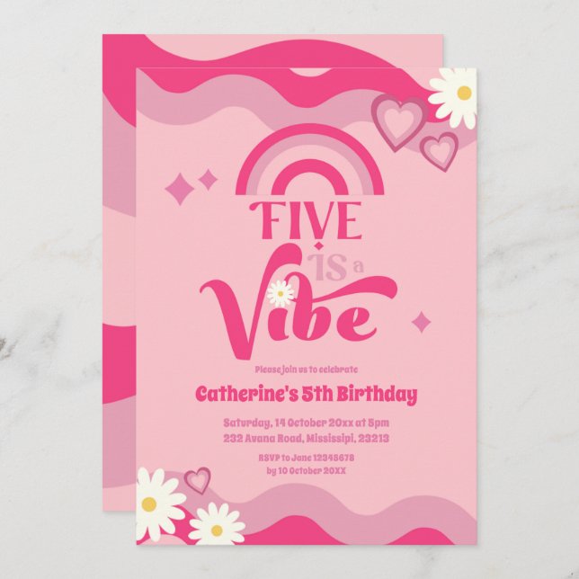 Pink Groovy Five is Vibe Birthday Invitation (Front/Back)