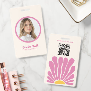 pink Groovy flower retro boho business  ID Badge
