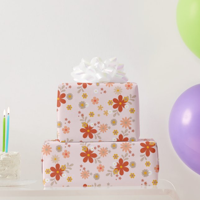 Pink Groovy Flower Retro  Wrapping Paper (Party Gifts)