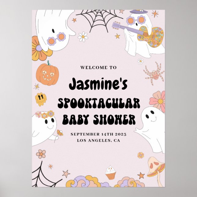 Pink Groovy Ghost Baby Shower Welcome Sign (Front)