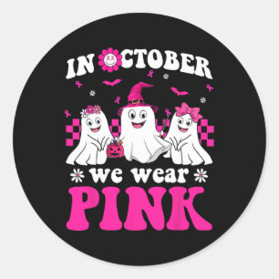 Pink Groovy Ghost Halloween Breast Cancer Awarenes Classic Round Sticker