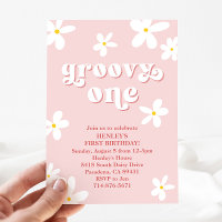 Pink Groovy One First Birthday Retro Daisy