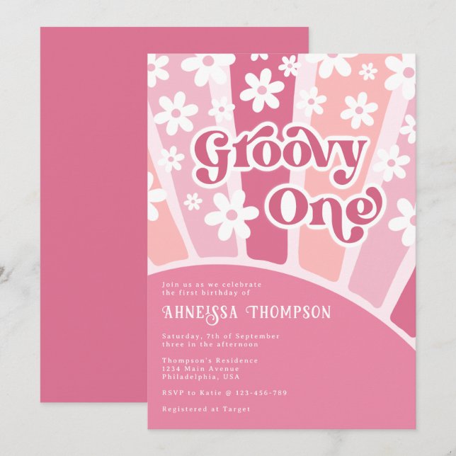 Pink Groovy One Retro Flowers Girls Birthday Invitation (Front/Back)