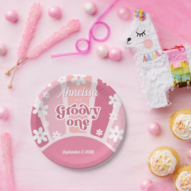 Pink Groovy One Retro Rainbow Daisy First Birthday Paper Plate (Party)
