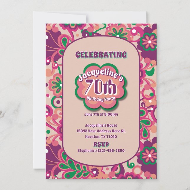 Pink Groovy Psychedelic 60s 70s Floral Birthday Invitation (Front)