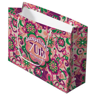 Pink Groovy Psychedelic 60s 70s Floral Birthday Large Gift Bag