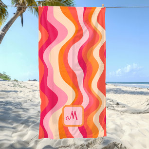 Pink Groovy retro aesthetic - Monogrammed Beach Towel