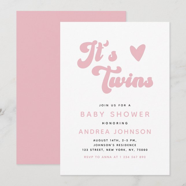 Pink Groovy Retro Girl Twins Minimal Baby Shower Invitation (Front/Back)