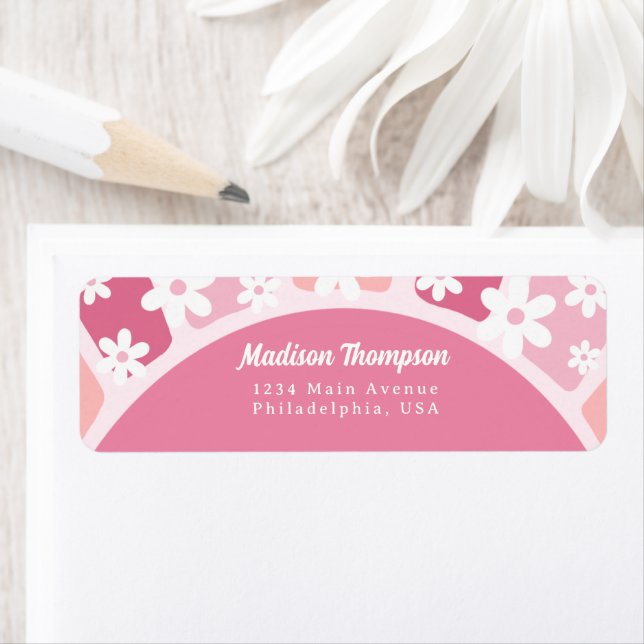 Pink Groovy Retro Rainbow Daisy Name Return Address Label (Insitu)