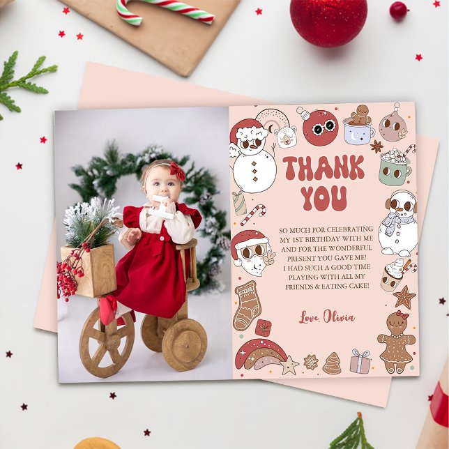 Pink Groovy Santa Christmas Girl 1st Birthday Thank You Card (Creator Uploaded)