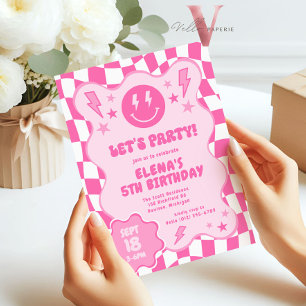 Pink Groovy Smile Face Retro Birthday Invitation
