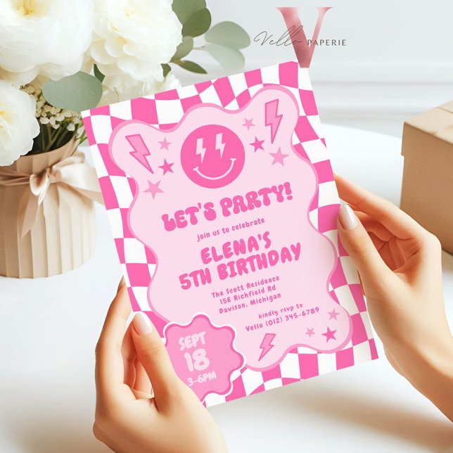 Pink Groovy Smile Face Retro Birthday Invitation (Creator Uploaded)