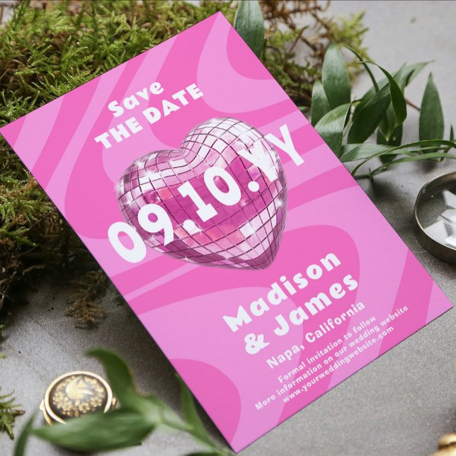 Pink Groovy Trendy Modern Disco Heart Photo Save The Date (Creator Uploaded)