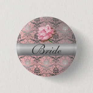Pink Grunge Damask Bride Button