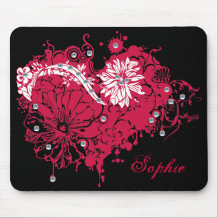 Pink Grunge Heart, Flowers & Sequins Illustration Mouse Pad